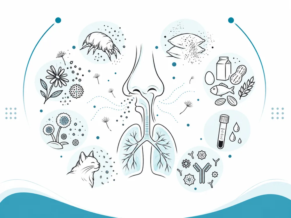 Dust mites, pollen, pet dander, moulds and common food allergens around the nose, airway and lungs, with a blood sample tube